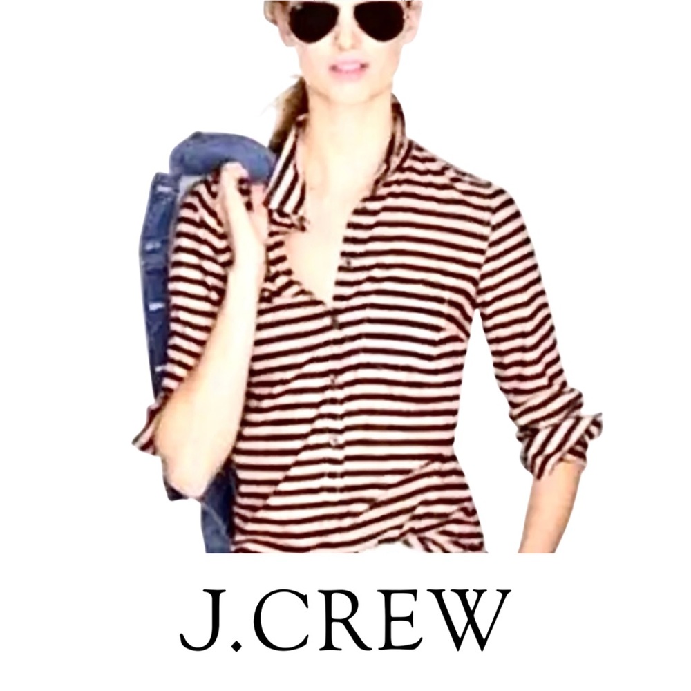 J Crew - Brown and Black Striped Henley Silk & Cotton Women's Top Size 8
